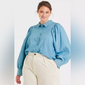Who What Wear Light Blue Chambray Long Balloon Puff Sleeve Button Down